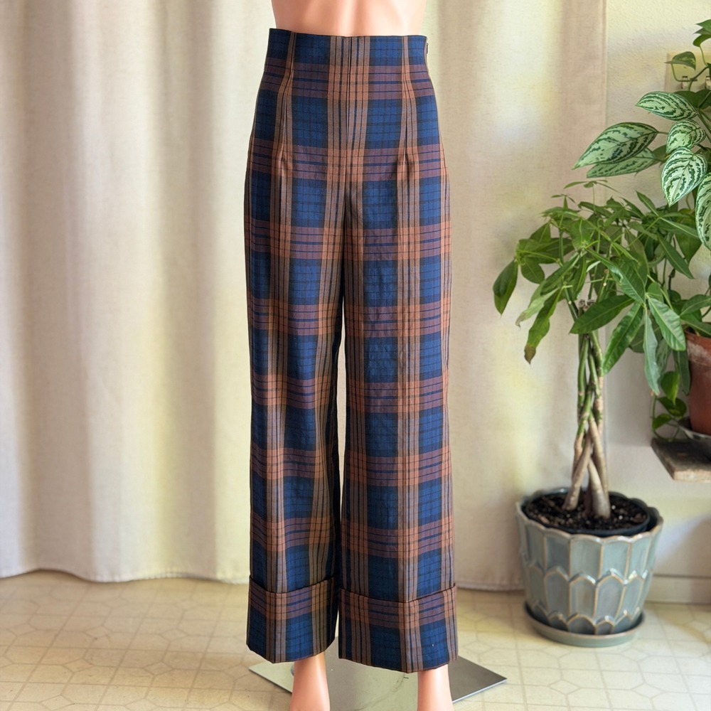 Zara Woman Plaid Wide Leg Pants Brown Blue High Waisted Cuffed Trousers XS - Picture 2 of 7